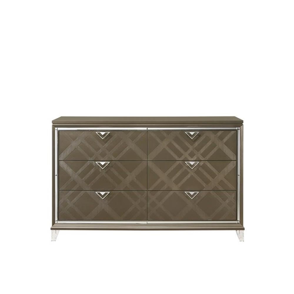 6-Drawers Wood Bedroom Dresser with Acrylic Legs in Dark Champagne