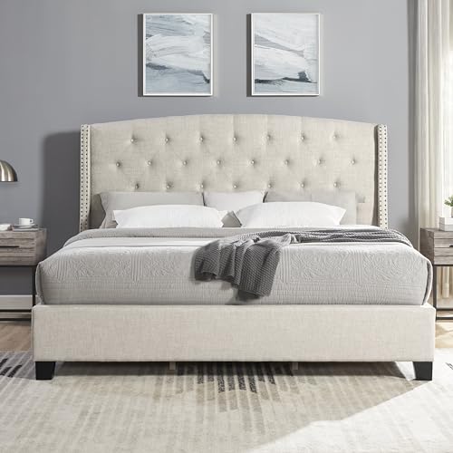 Wood Full Size Bed Frame, Mid Century Modern Platform Bed with Headboard