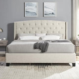 Wood Full Size Bed Frame, Mid Century Modern Platform Bed with Headboard