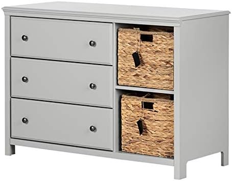 Cotton Candy 3-Drawer Dresser with Baskets Pure White and Rustic Oak, Coastal