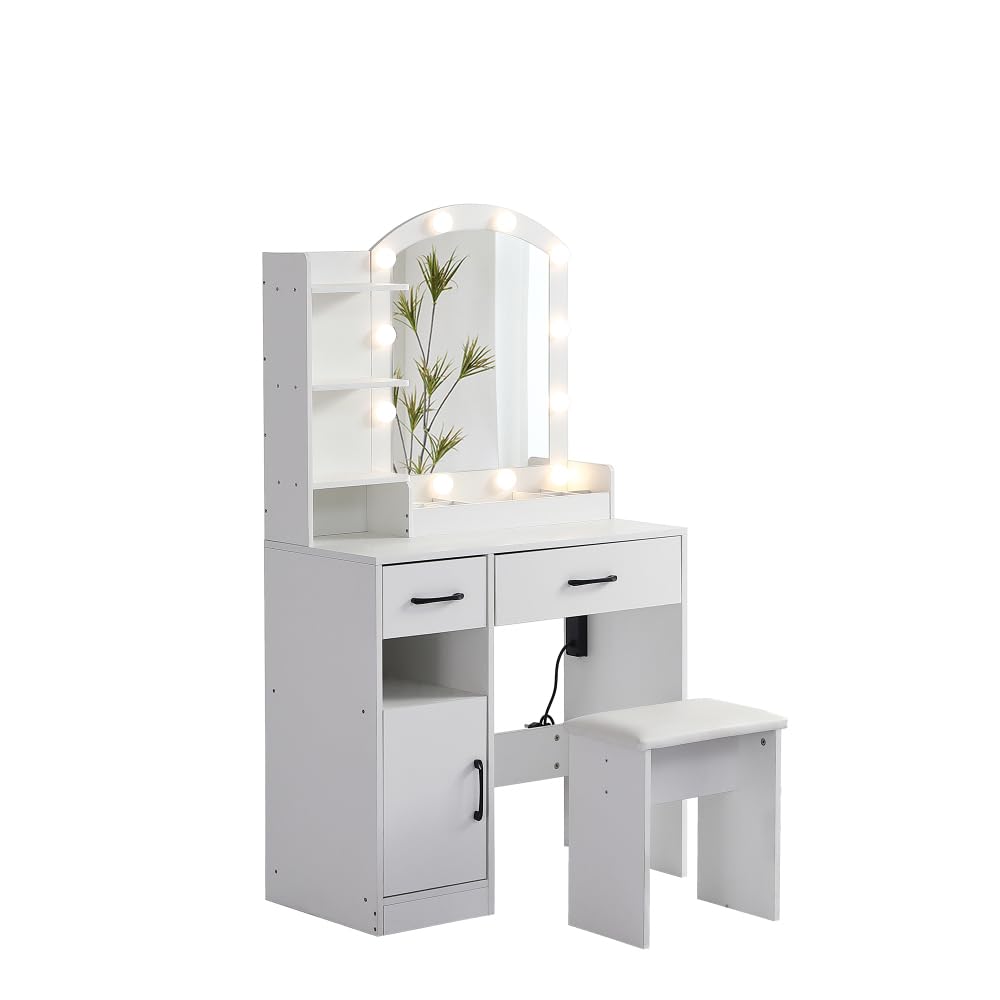 Thirtdos Vanity Desk Set Including Table with Large Lighted Mirror,3 Color Lighting Modes Adjustable Brightness, Dressing Table with 2 Drawers, Storage Cabinet and upholstered Stool, White