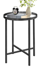 Round Side Table, Black End Table with Mirror Top, Metal Coffee Accent Table