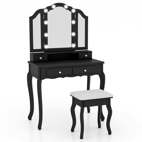 Vanity Desk with Lights - Makeup Vanity Table with Tri-Fold Mirror, 10 Adjustable