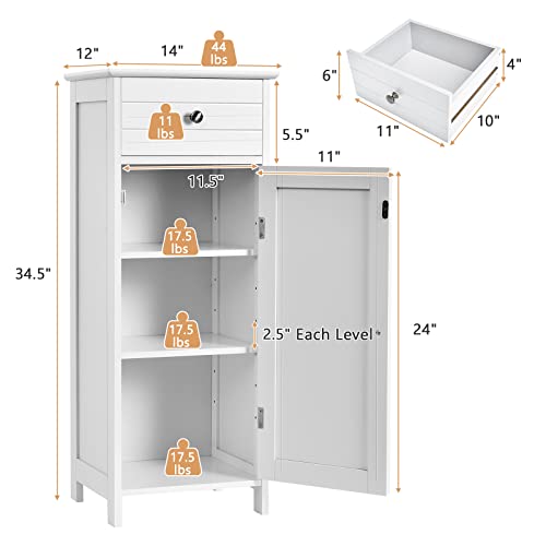 Floor Storage Cabinet, Bathroom Freestanding Side Storage Organizer, Single Door Floor Storage Cabinet w/Drawer & Adjustable Shelves,