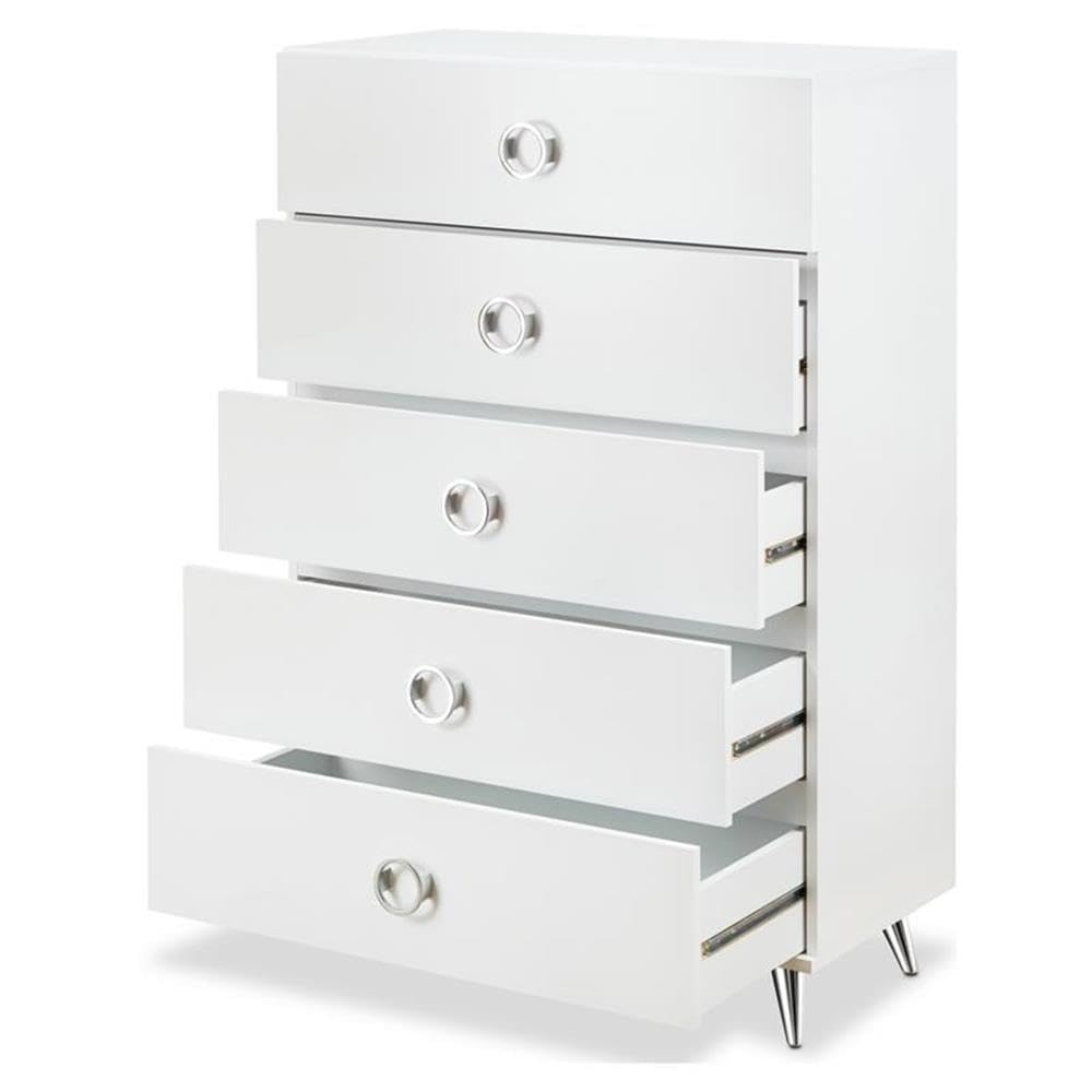 Acme Elms Wooden Rectangular Chest with 5 Storage Drawers in White and Chrome
