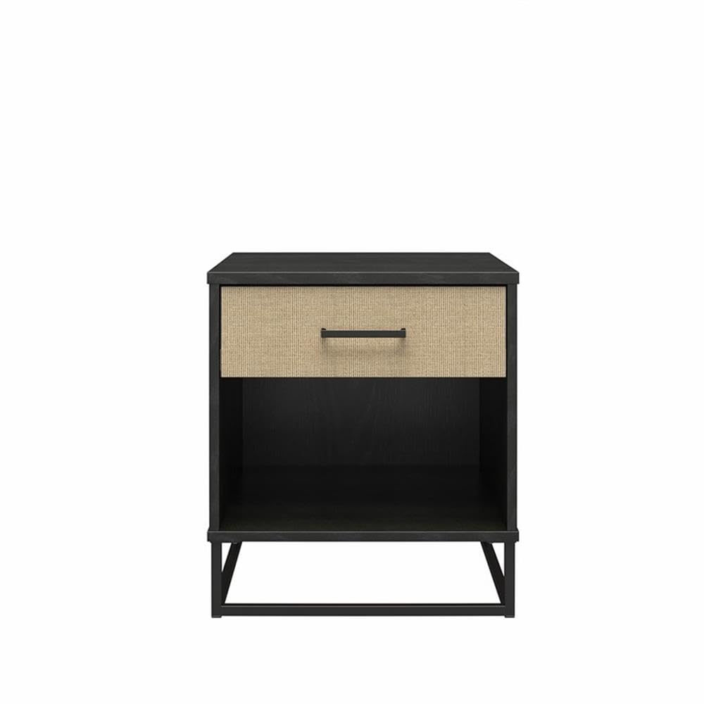 Kelly Nightstand, Faux Rattan & Black Oak