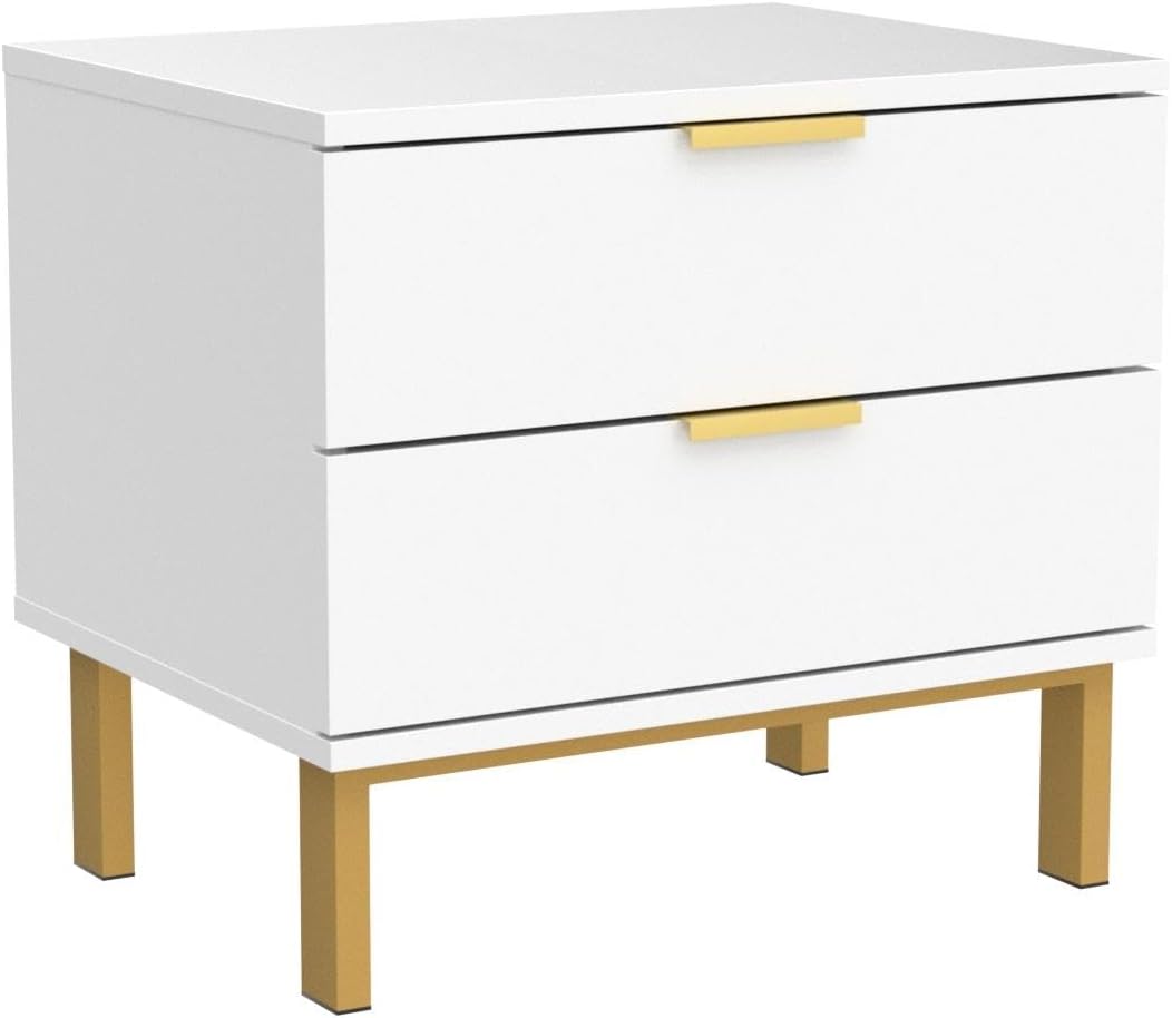 Set of 2 Nightstands with 2 Storage Drawers & Gold Metal Legs, Modern Bedside Table