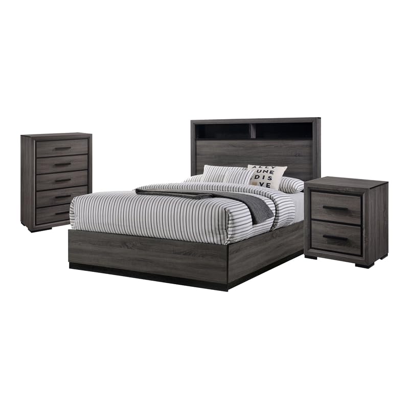 Drummond 3-Piece Gray Wood Panel Bedroom Set - Queen + Nightstand + Chest