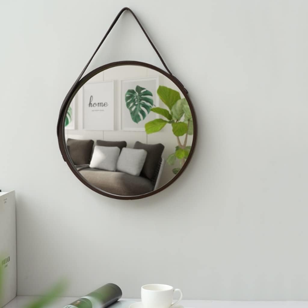 Nordic Wall Mounted Large Round Mirror, PU Leather Strap Circle Hanging Mirror