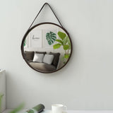 Nordic Wall Mounted Large Round Mirror, PU Leather Strap Circle Hanging Mirror