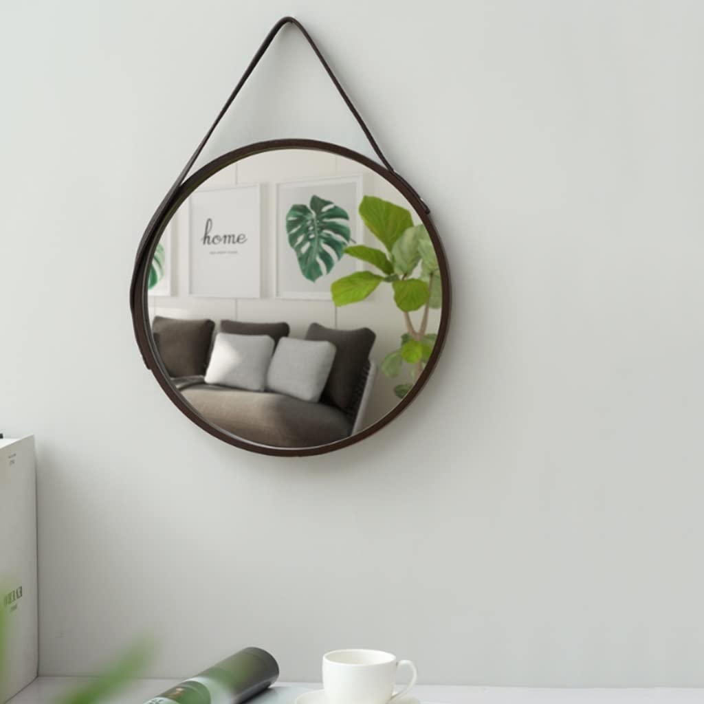 Nordic Wall Mounted Large Round Mirror, PU Leather Strap Circle Hanging Mirror
