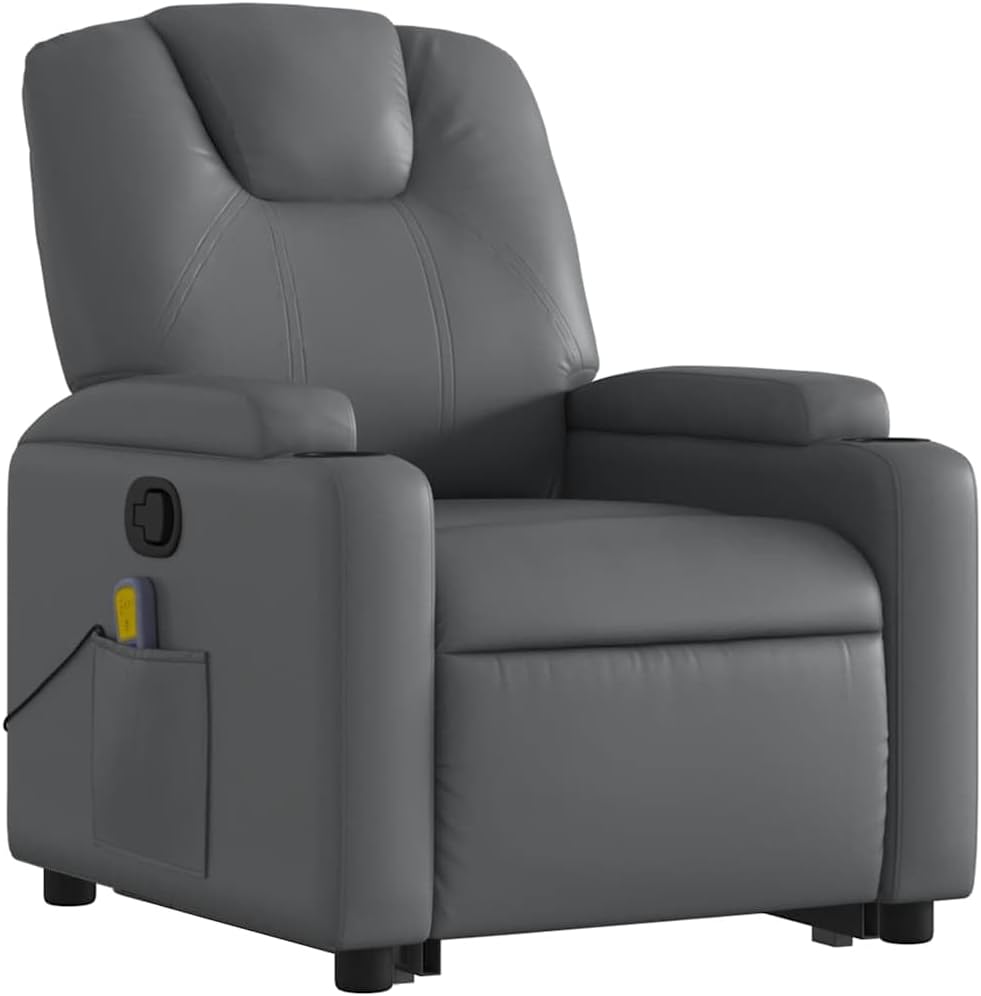 Power Lift Massage Recliner Chair - Manual Reclining, Vibrating Massage, Cup Holders, Faux Leather, Electric Stand-Up Aid, Gray