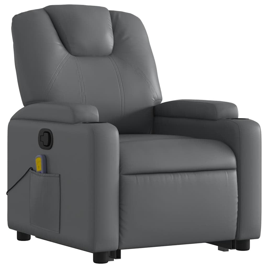 Power Lift Massage Recliner Chair - Manual Reclining, Vibrating Massage, Cup Holders, Faux Leather, Electric Stand-Up Aid, Gray