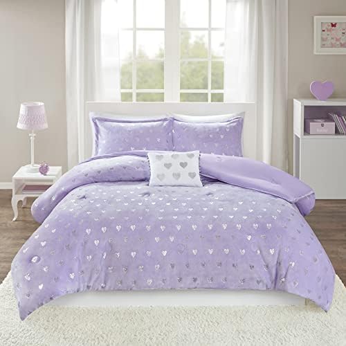 Comforter Set for, Ultra-Soft Microlight Plush Metallic Printed Hearts Brushed Reverse Overfilled Down