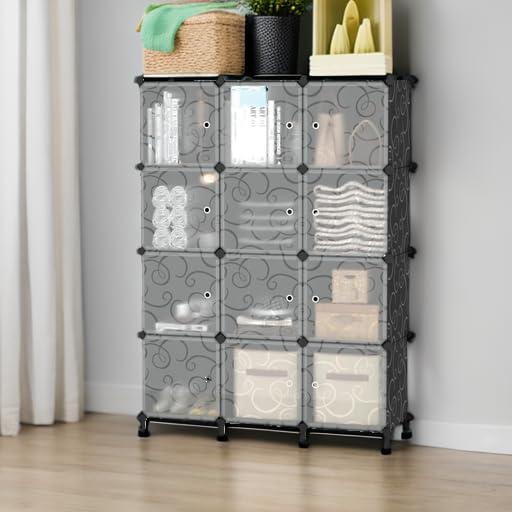 12 Cube Storage Organizer with Doors, DIY Plastic Closet Storage Shelf, Modular Storage Bookshelf, Stackable Storage Shelving Rack for Bedroom, Home, Living Room, Black ULPZ012