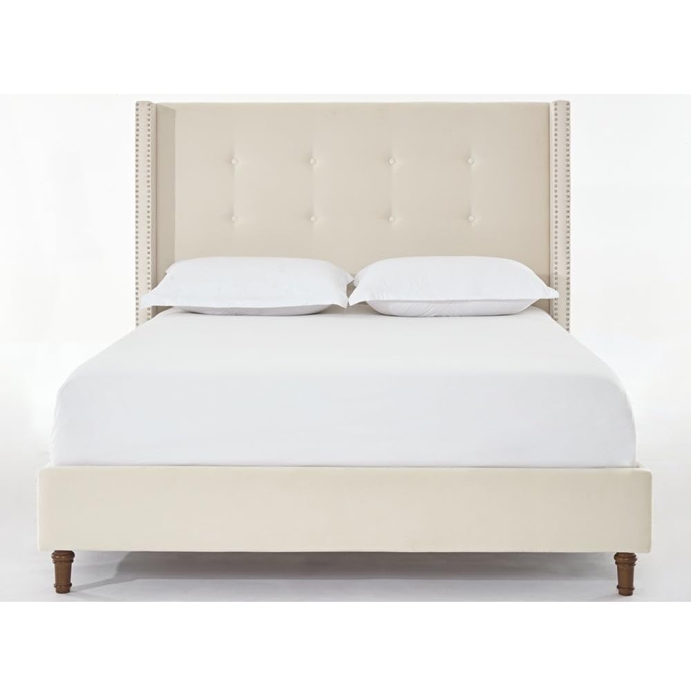 Upholstered Queen Bed with Nailhead Trim Wingback Headboard Ivory - Queen
