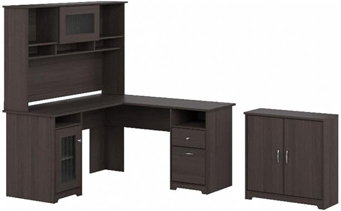 Cabot L Shaped Desk with Hutch and Small Storage Cabinet with Doors in Reclaimed Pine