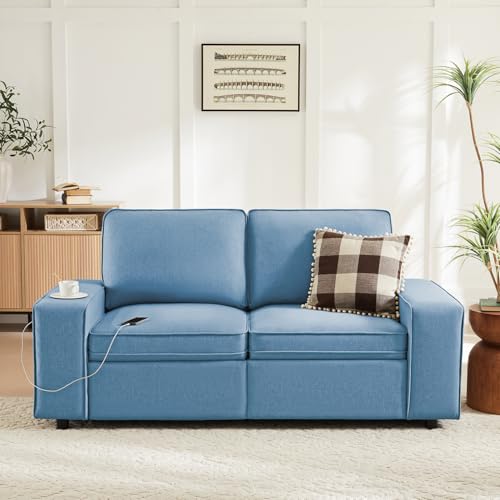Sofa Couch with Seat Storage, Modern 2-Seater Sofa with Side Pockets & Type-C/USB