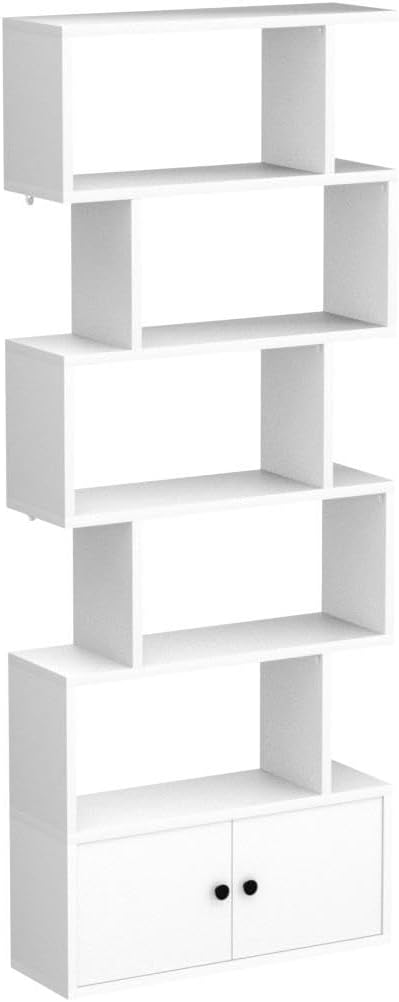 6-Tier Geometric Bookcase with Cabinet, Freestanding Display Shelves