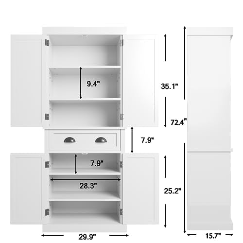 Furniwell 72" Kitchen Storage Cabinet with Drawer, Tall Kitchen Pantry Cabinet with Doors and 3 Adjustable Shelves, Freestanding Cupboard for Kitchen, Dining Room, Living Room (White)