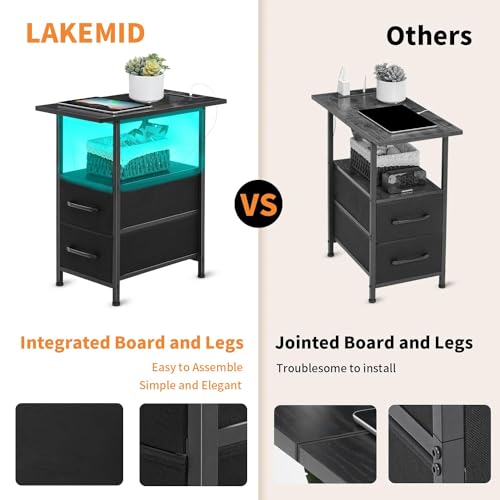 Narrow Side Table Set 2 with LED Light and USB C Port, Night Stand with Charging Station