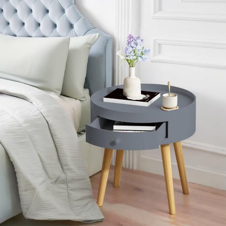 Nightstand with Storage Drawer & Oak Legs, Gray Bedside Table, Sofa Side Coffee Table