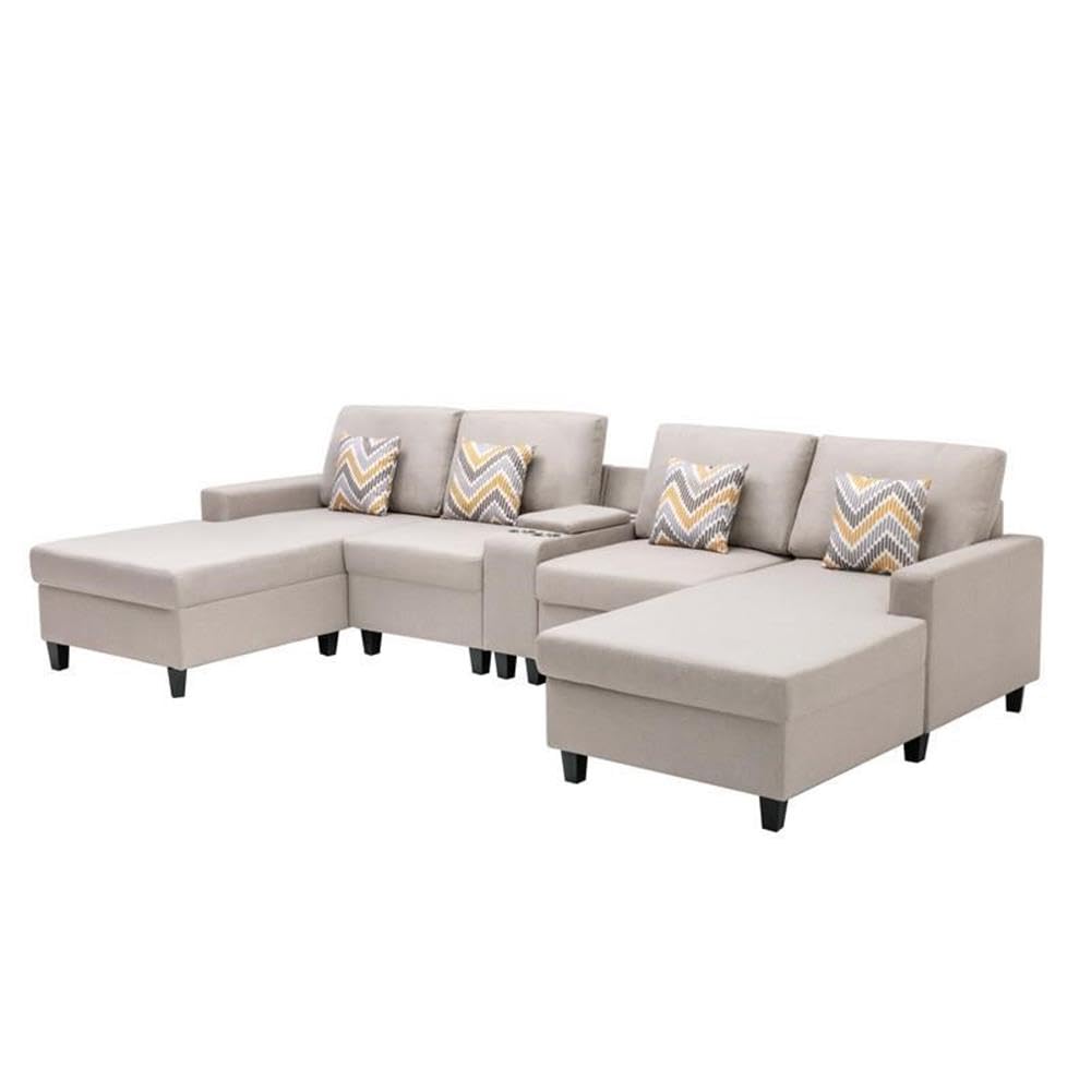 Nolan Beige Linen Fabric 5Pc Double Chaise Sectional Sofa