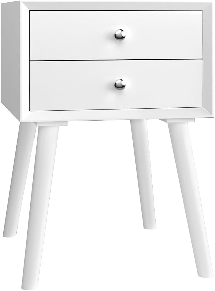 Wooden Nightstand Mid-Century End Side Table Bedroom W/2 Storage Drawers White