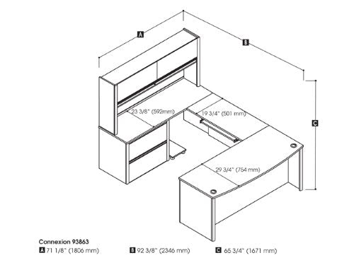 Connexion U-Shaped Executive Desk with Lateral File Cabinet and Hutch, 72W