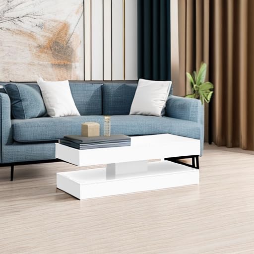 47.3IN High Glossy LED Coffee Table,APP LED Lights,Black/White, Modern Furniture