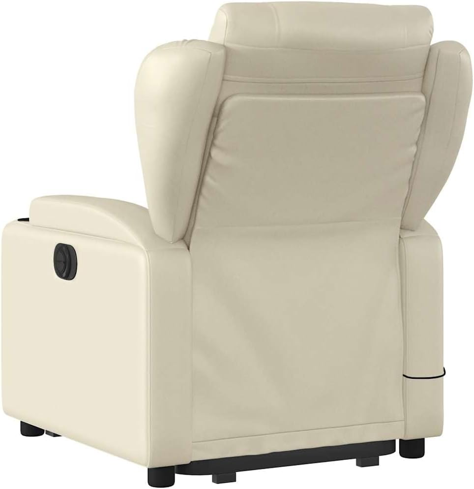 Massage Recliner Chair - Cream Faux Leather, Stand-Up Lift, Reclining, Vibration, Cup Holders