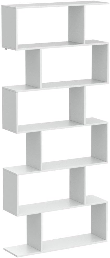 6 Tier S Shaped Bookshelf, 31.5''L x 9''W x 75''H, Wooden Bookcase and Bookshelves w/Anti-Toppling Device, Room Divider Display Shelves for Living Room, Home Decor, 6 Shelf Bookshelf