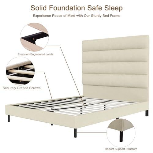 Tall Headboard Bed Frames, 61.1" Queen Size Bed Frame with Cashmere Upholstered,