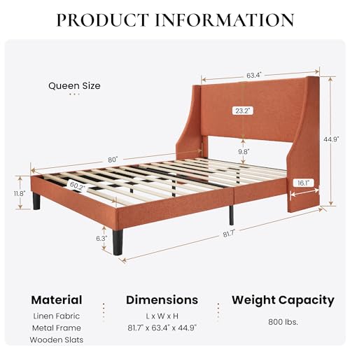 Upholstered Bed Frame Queen Size with Streamlined Wingback Headboard,