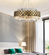 Gold Finish Round Pendant Light Fixture Postmodern 21 Bulbs Crystal Rod Ceiling Chandelier