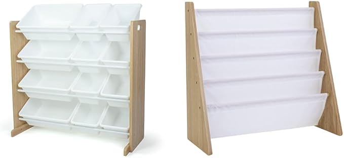 Natural Wood/White Kids Toy Organizer with 12 Storage Bins & 4 tier