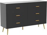 Dresser for Bedroom with 6 Drawers, Wooden Black Dresser with Golden Handles, Modern Chests of Drawer Storage Organizer for Hallway, Entryway