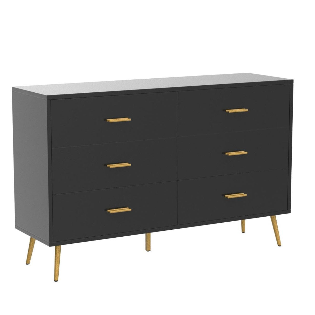 Dresser for Bedroom with 6 Drawers, Wooden Black Dresser with Golden Handles, Modern Chests of Drawer Storage Organizer for Hallway, Entryway