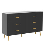 Dresser for Bedroom with 6 Drawers, Wooden Black Dresser with Golden Handles, Modern Chests of Drawer Storage Organizer for Hallway, Entryway