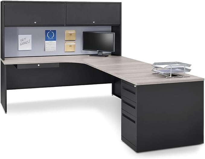 Carbon L Shaped Executive Office Desk with Hutch - Durable Laminate Computer Desk