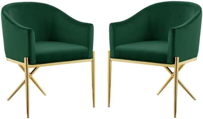2 Piece Velvet Contemporary Dining Room Arm Chair Set with Gold Metal Legs