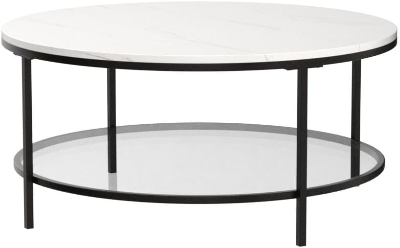 36" Wide Round Round Coffee Table with Faux Marble Top in Blackened Bronze