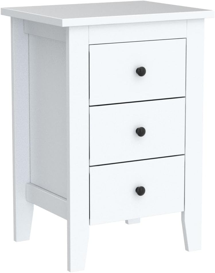 Nightstand, Side Table with 3 Drawers, Bedroom Side Storage Cabinet Wooden End Table Accent Table Solid Wood Legs (White, 2 Pics)