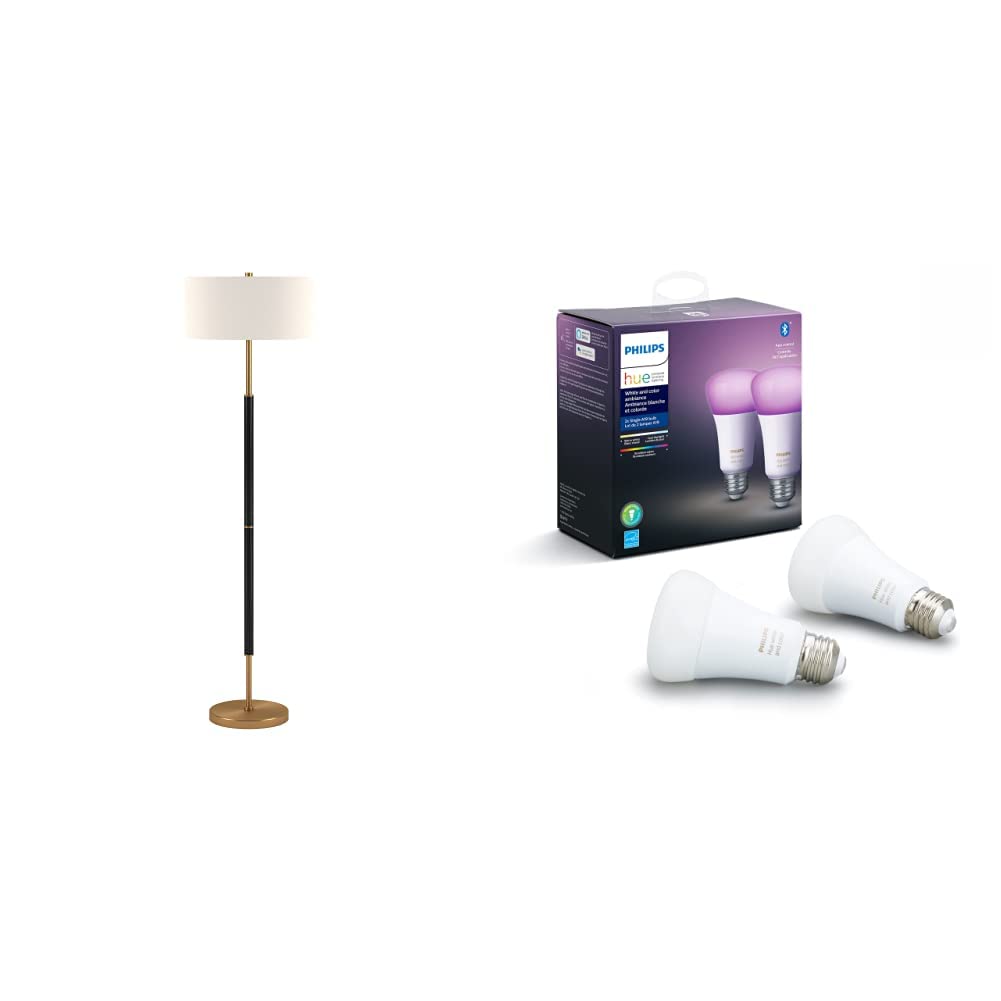 2-Light Floor Lamp with Fabric Shade in Matte Black/Brass/White and Color Ambiance