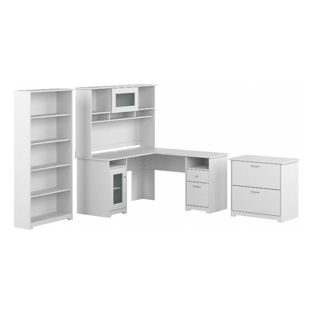 L Shaped Desk with Hutch, 5 Shelf Bookcase and Lateral File Cabinet | Cabot Collection Corner Computer Table with Storage and Bookshelf | 60Wx23DX37W