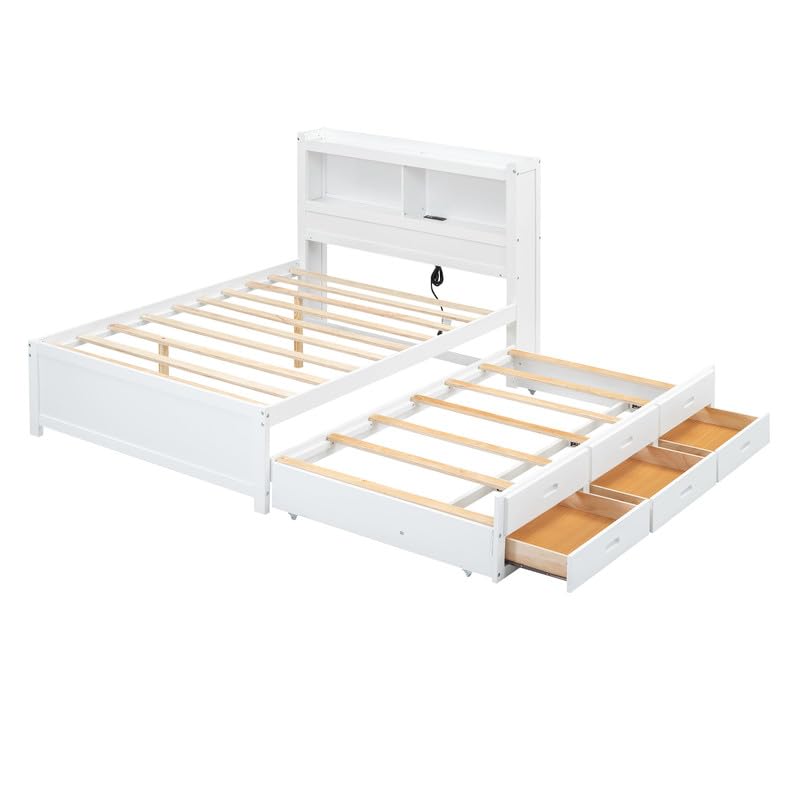 Size Daybed with Storage Headboard, Trundle and 2 Drawers, Built-in USB Plugs, Full Bed