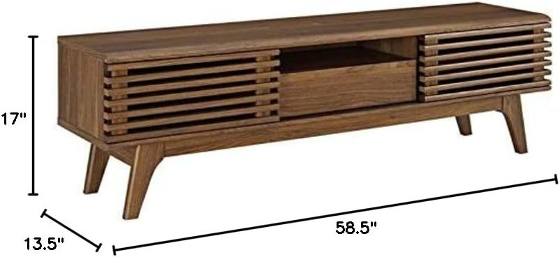 Levan Home Mid Century Modern Low Profile 59" Retro TV Stand with Slatted Shelves in Walnut