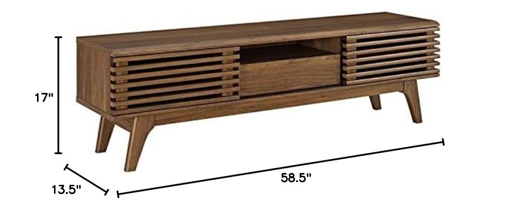 Levan Home Mid Century Modern Low Profile 59" Retro TV Stand with Slatted Shelves in Walnut