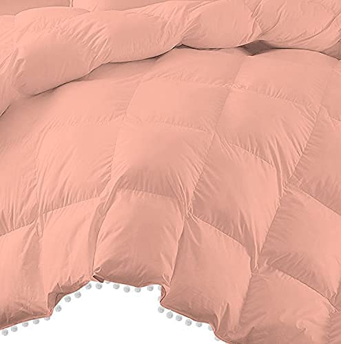 All Seasons 1 Piece Beautiful Looking Pom Pom Box Design Comforter 800 Thread Count 100% Egyptian Cotton, White Vintage Pom-Pom Fringe Super Soft (Full/Queen Size Peach Color)