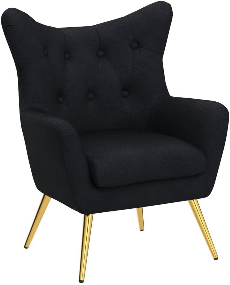 Velvet Accent Chair, Modern Wingback Arm Chair with Metal Gold Legs, Velvet Tufted Upholstered Single Sofa Chair for Living Room Bedroom, Dining Room Accent Club Guest Chair (Black)